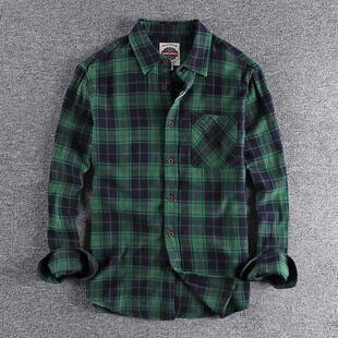 代购香港潮牌春季美式覆古格子长袖衬衫磨毛宽松百搭男士休闲衬衣