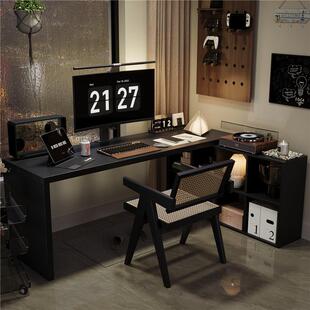 家用黑色转角书桌书柜一体北欧轻奢全实木学习电脑桌卧室电竞桌椅