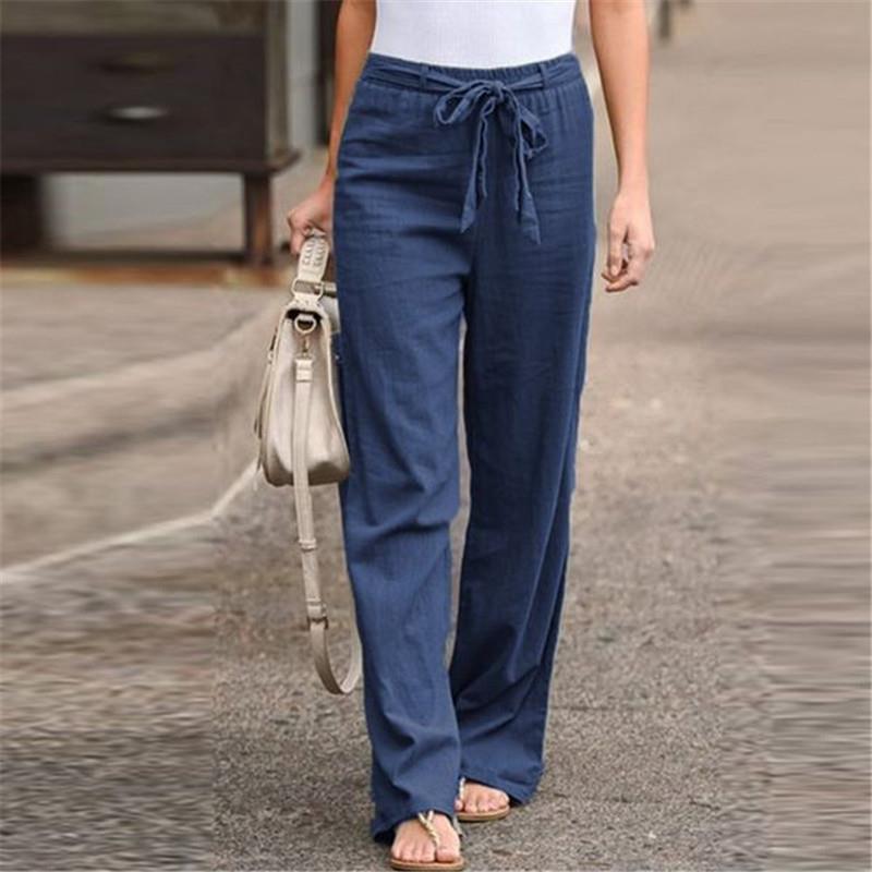 linen leg cotton elastic trousers waist color wide loose