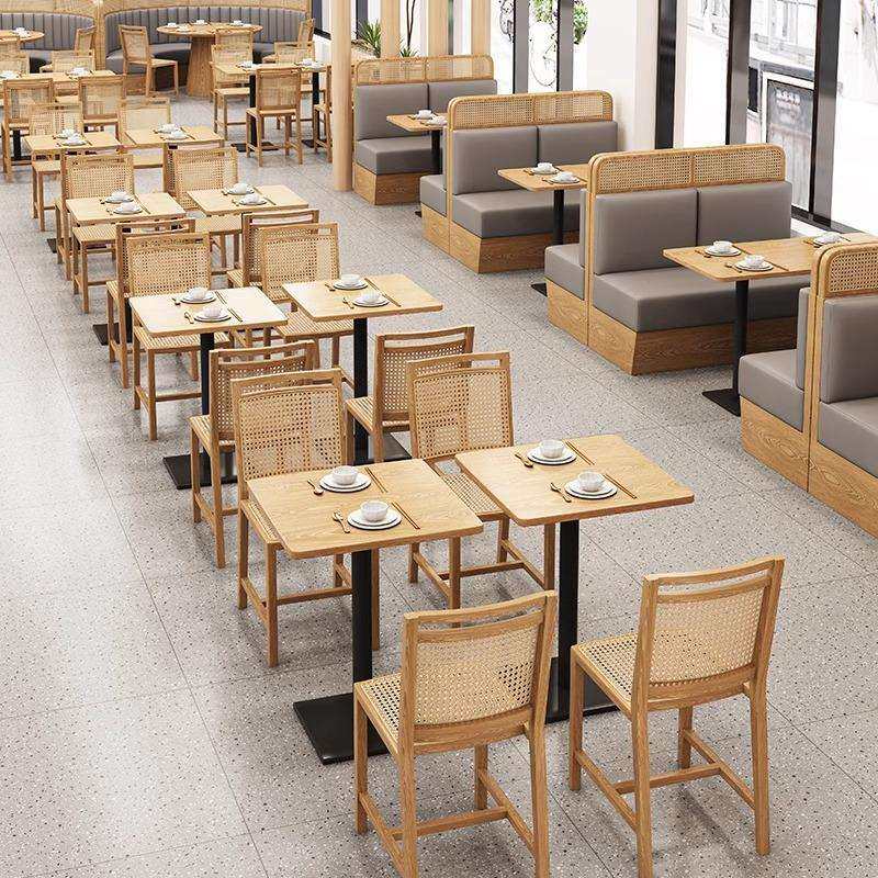 茶餐厅卡座沙发咖啡店奶茶店餐饮商用藤编实木卡座桌椅组合