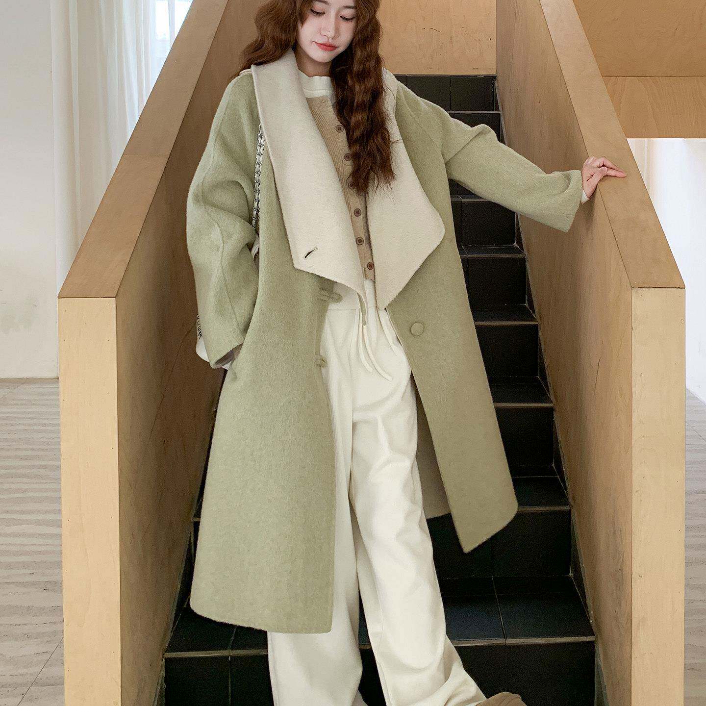 香港秋冬新款韩系抹茶绿双面羊毛中长款大衣女高级感气质毛呢外套
