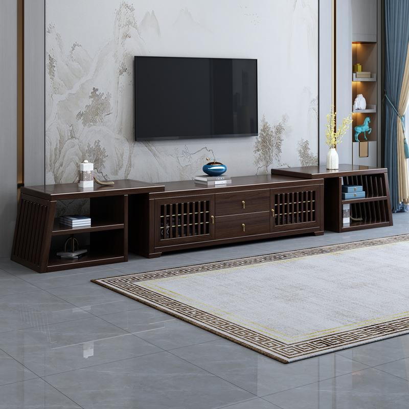 新中式乌金木实木电视柜茶几组合客厅可伸缩电视机柜现代储物墙柜