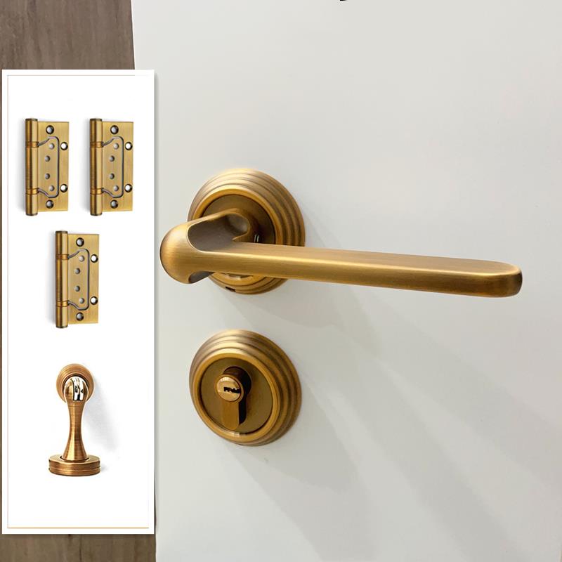 美式复古黄古铜室内卧室分体房门锁木门法式把手轻奢磁吸静音门锁