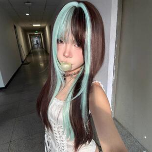 纤韵佳人假发女薄荷脆巧lolita少女耶诞节黑挑染薄荷绿长直发全头