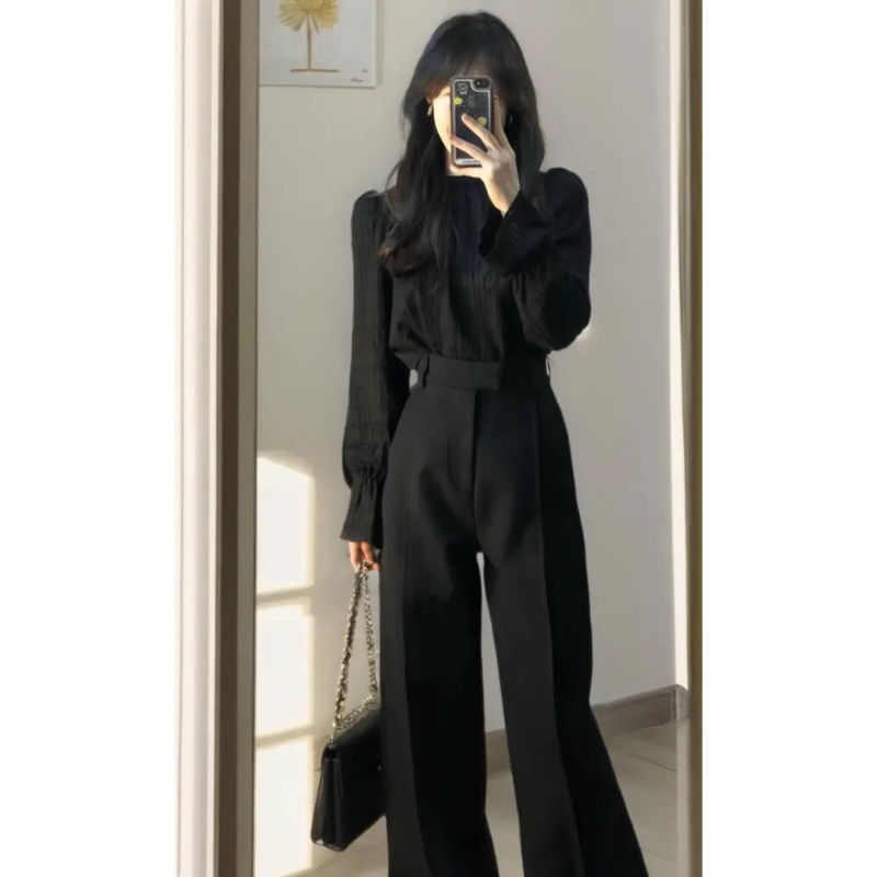 早秋穿搭套装女2025新款酷飒拽姐黑色衬衫西装裤高级感时尚两件套