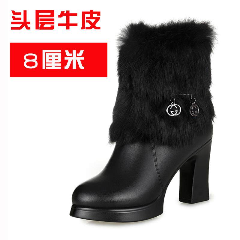 正品冬季女靴妈妈高跟鞋士加皮鞋女绒鞋真兔毛短靴女皮皮靴加厚大