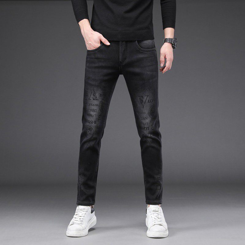 香港黑色九分牛仔裤男秋冬款加绒加厚修身小脚弹力长裤子2025新款