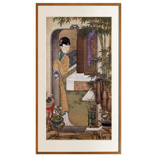 雍正十二美人图西洋发新中式玄关装饰画倚门观竹书房茶室实木挂画