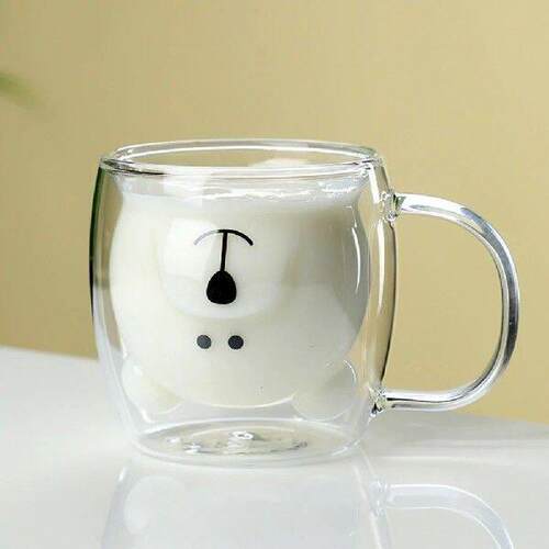 Funny Milk Cup with Handle Insulated Double Wall Glass Bear