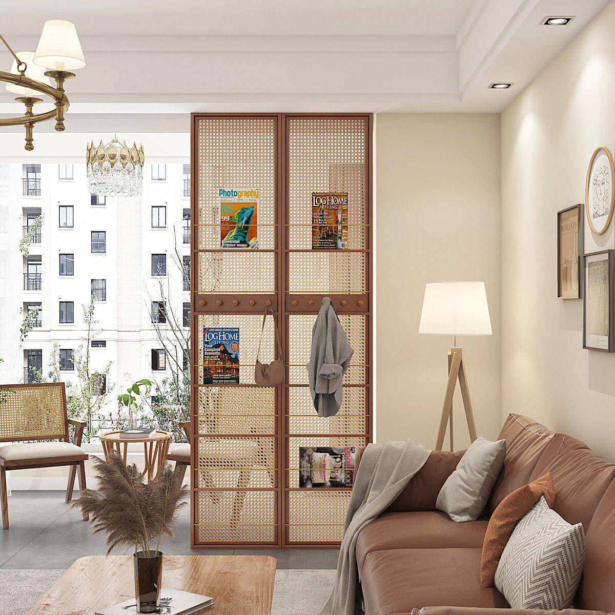 新中式现代简约藤编屏风客厅入户遮挡装饰隔断办公室定制书架玄关