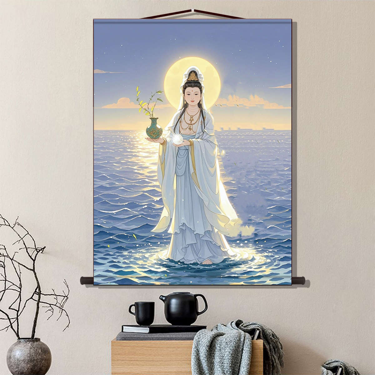 海南南山海上观音画像 观世音菩萨佛像画卷轴挂画 丝绸画来图定制