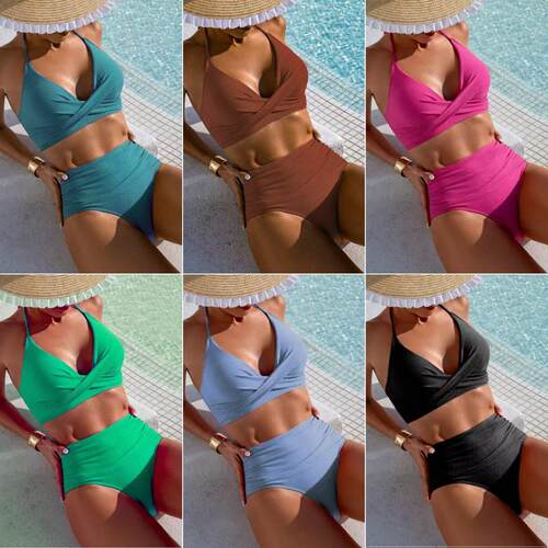 Womens Green 2 Piece Bikini Set Halter Neck High Waisted