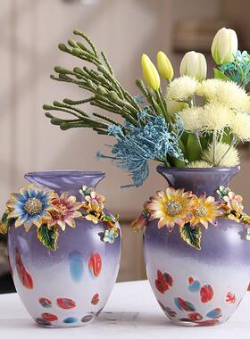 厂家直销中古风手工渐变粉紫色玻璃花瓶轻奢风桌面居家鲜花瓶