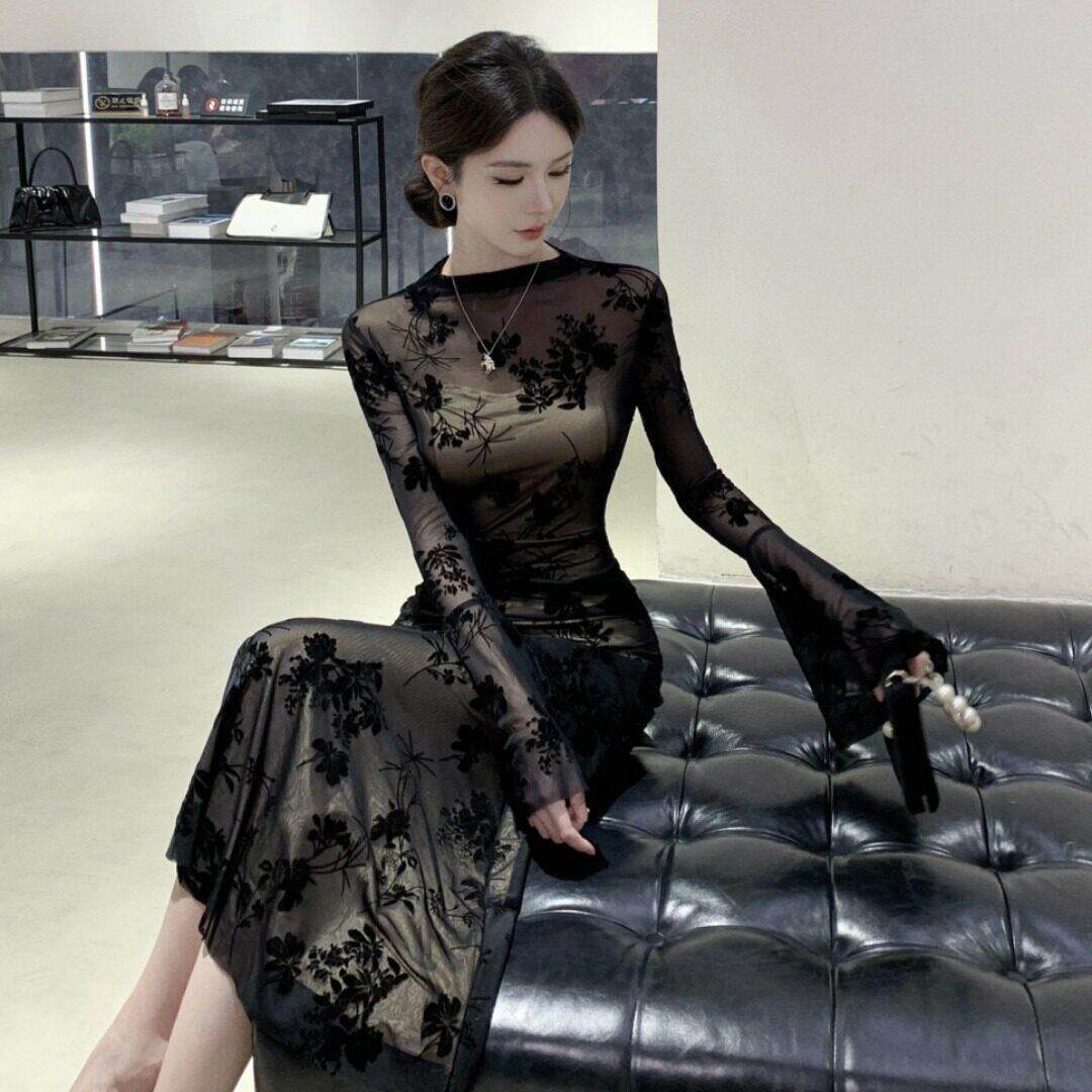 采购产品法式晚装,长裙,女式高档钟形袖,性感网植绒褶皱修身鱼
