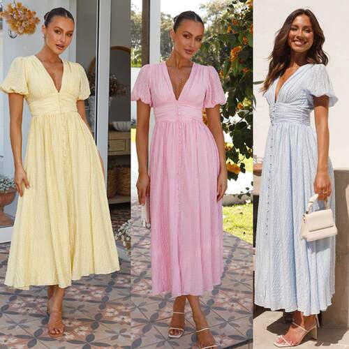 Women's Plain Textured V Neck Dress Elegant Bishop Sleeve