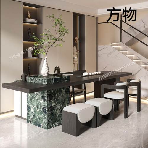 新中式实木茶桌椅组合简约现代轻奢岩板大理石岛台办公室设计师款
