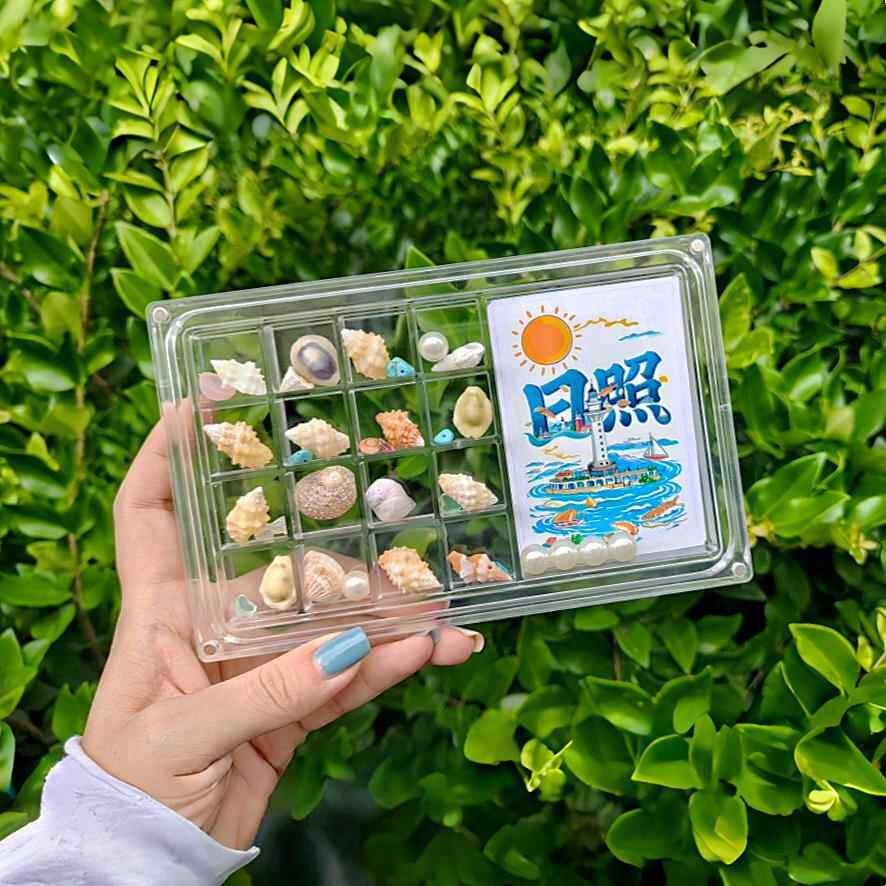 亚克力透明贝壳收纳盒创意海边石头标本收藏磁吸大号展示盒带相框