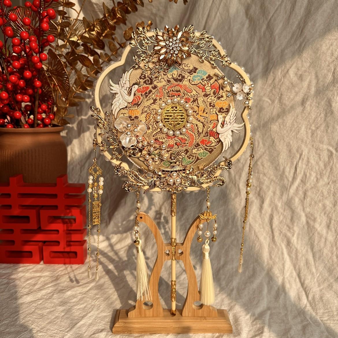 天台华莲团扇新娘结婚婚礼喜扇秀禾diy材料扇子手工婚扇成品高级