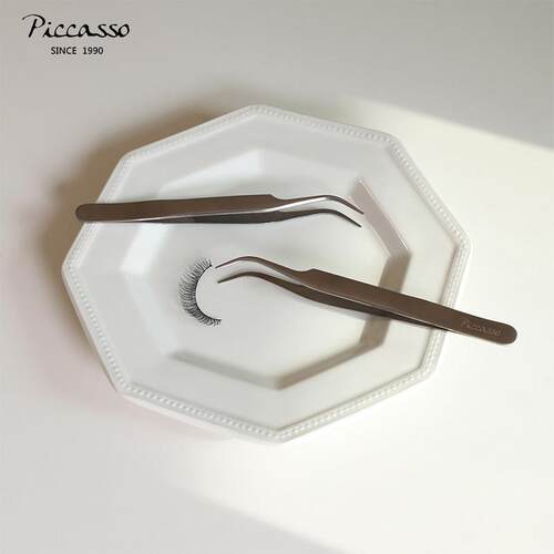 韩国Piccasso不锈钢弯头假睫毛镊子轻骑抓握精准夹取紧密贴合曲线