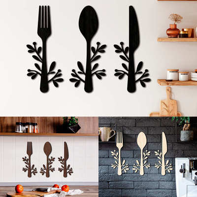 MZ186创意立体木质餐具刀叉墙贴挂件厨房背景墙装饰木板5mm椴木