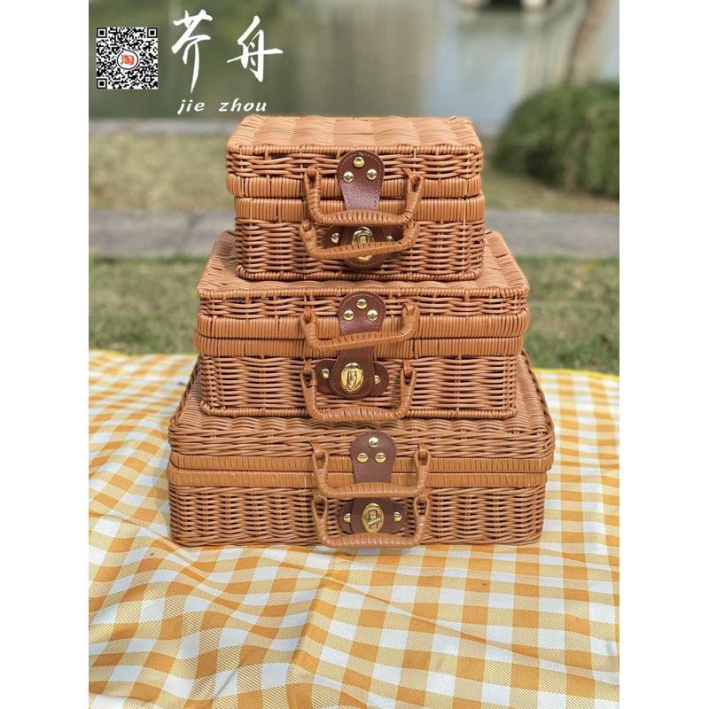 ZZ8N批发手工仿藤编手提箱复古收纳箱大号户外野餐篮子拍摄道具礼
