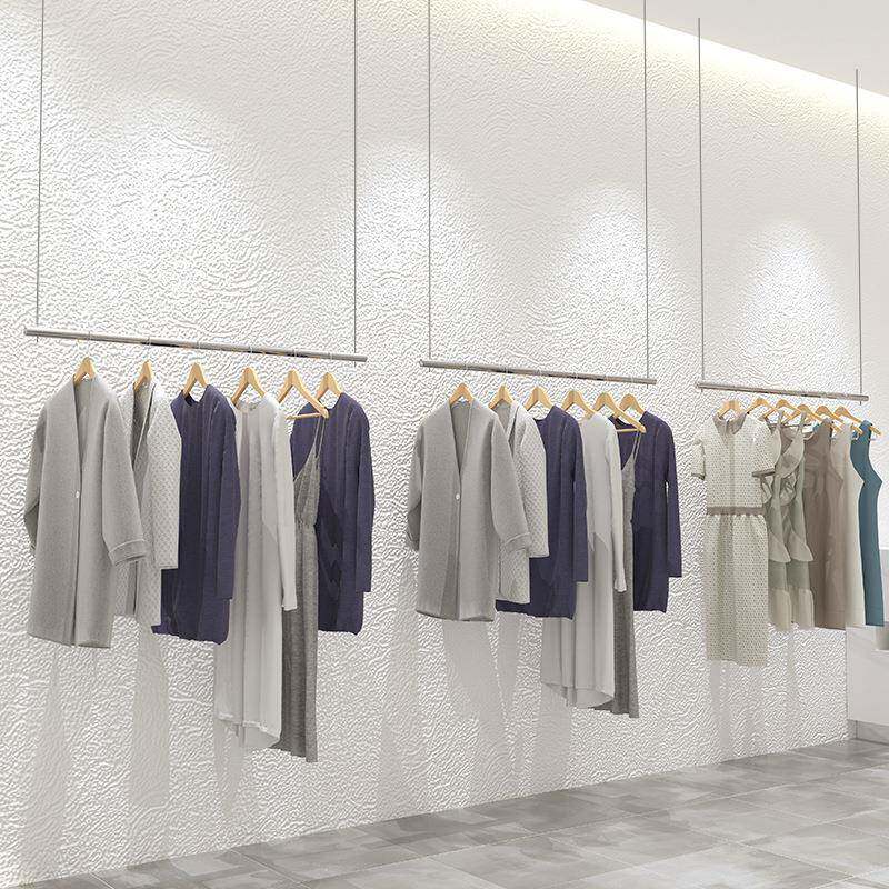 银色上墙男女童装钢丝悬挂架展示架不锈钢服装店悬挂吊顶货架吊架