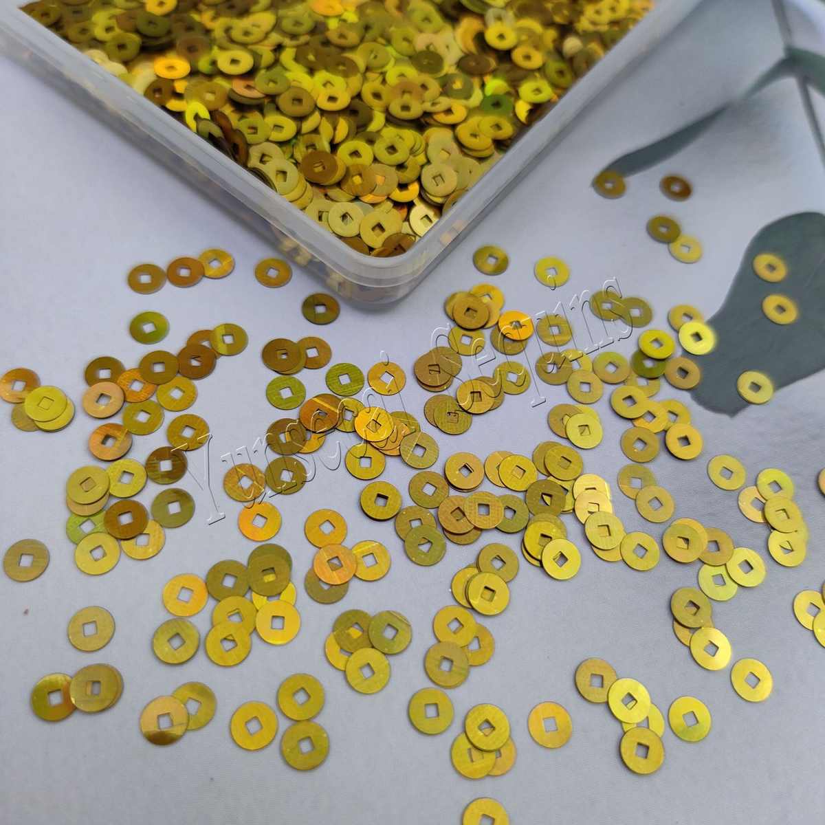 秋季新款4mm金色铜钱亮片 流麻滴胶装饰招财暴富古铜钱镭射色亮片