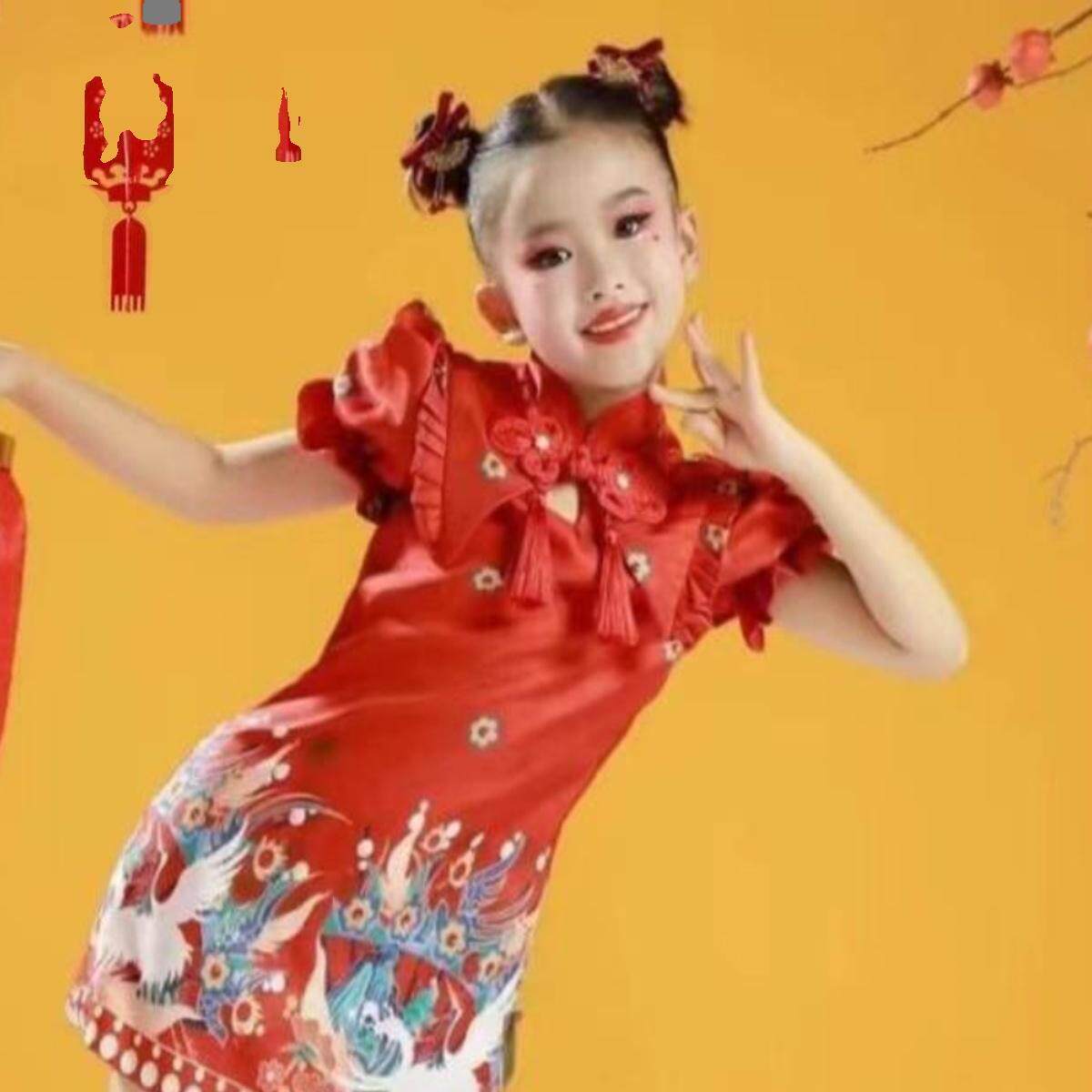 元旦儿童喜庆中国风演出服幼儿男女舞蹈梦娃灯笼元日红旗袍表演服