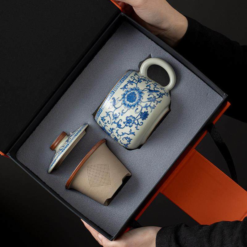 汝窑青花缠枝莲复古茶水分离泡茶杯带盖喝泡茶杯家用陶瓷杯子茶具,餐饮具,茶杯,淘宝优惠券,粉丝福利购,淘宝优惠卷