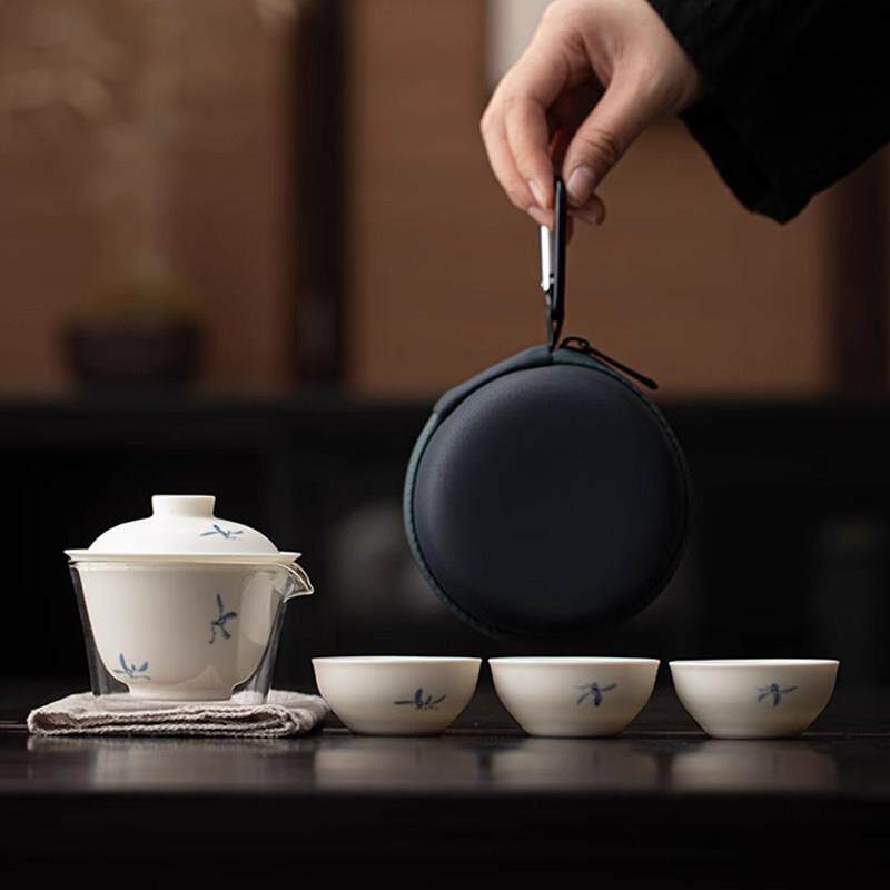 古与茶手绘兰花盖碗茶杯旅行茶具小套装便携式户外泡茶陶瓷快客杯