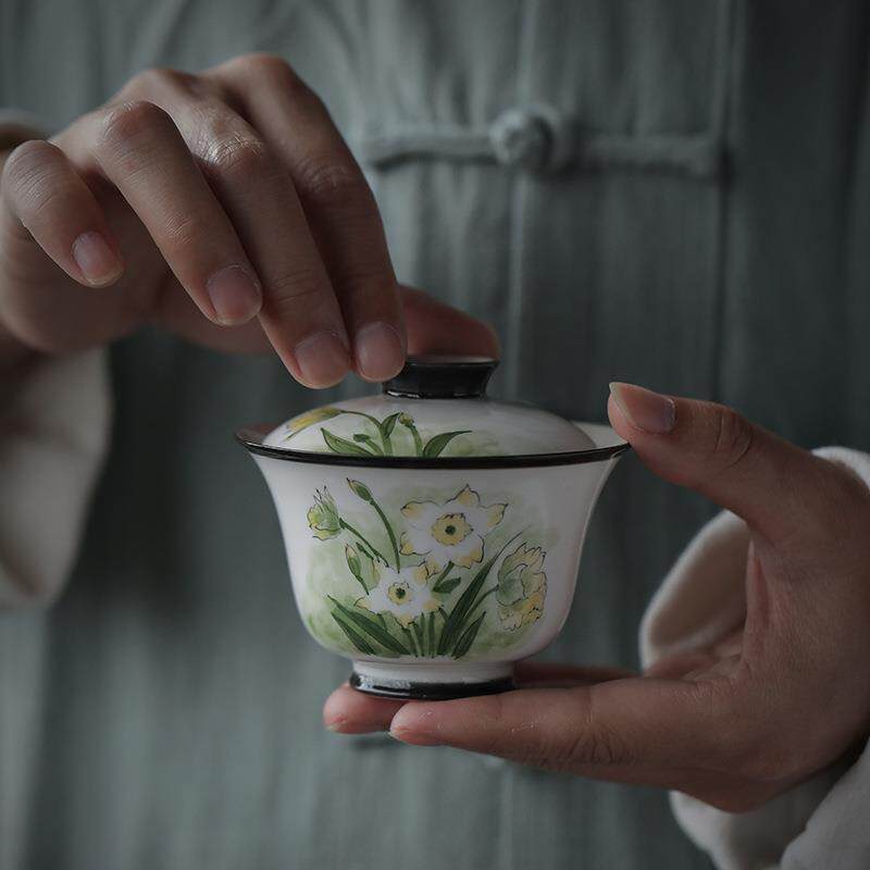 水仙花盖碗小清新风陶瓷二才泡茶杯女士小号泡茶碗防烫中式敬茶碗