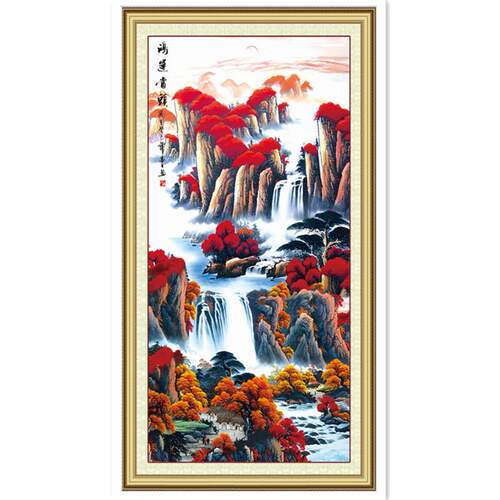 鸿运当头十字绣2024新款竖版客厅玄关走廊风景山水国画手工自己绣
