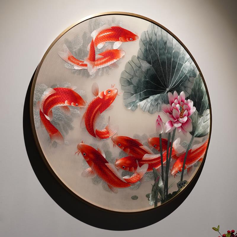 手工苏绣年年有余新中式装饰画玄关书房客厅圆形带框成品刺绣挂画图片