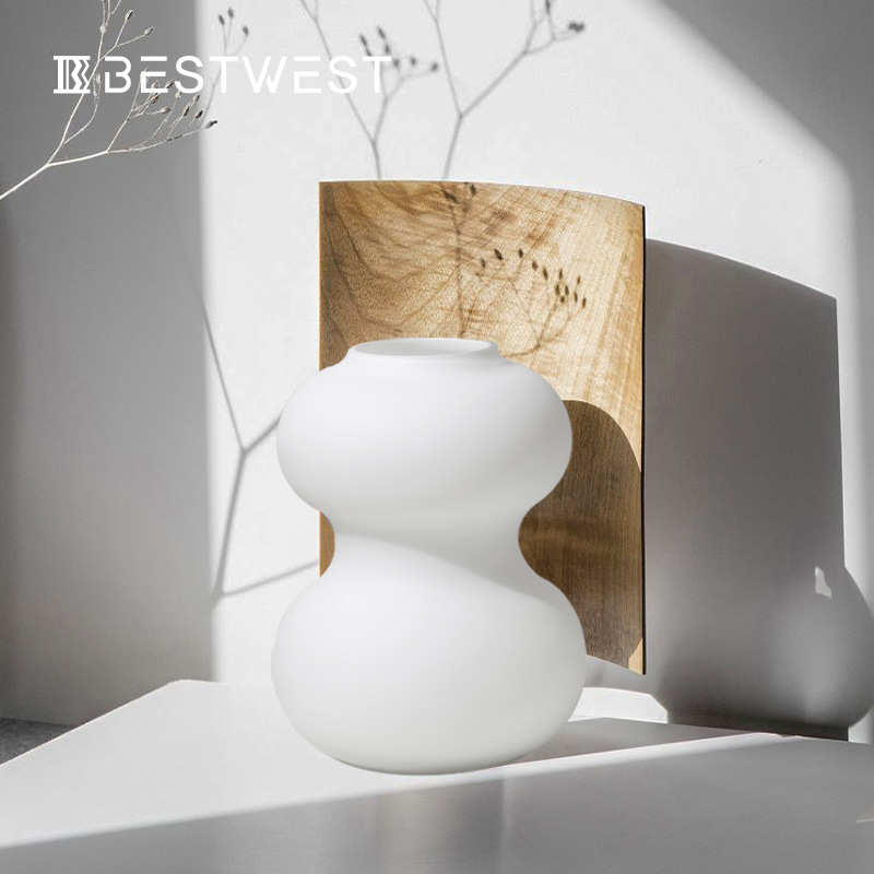 博西家居 简约日式本白色磨砂葫芦形玻璃花瓶摆件家居装饰品花器