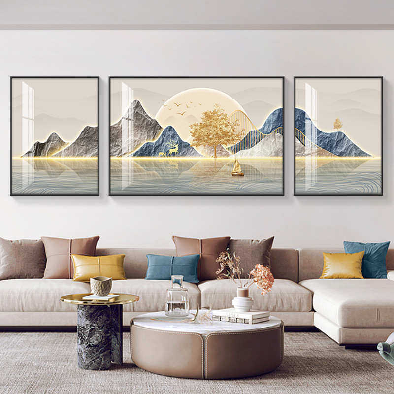 客厅装饰画轻奢高级感沙发背景墙挂画现代简约山水画大气三联壁画