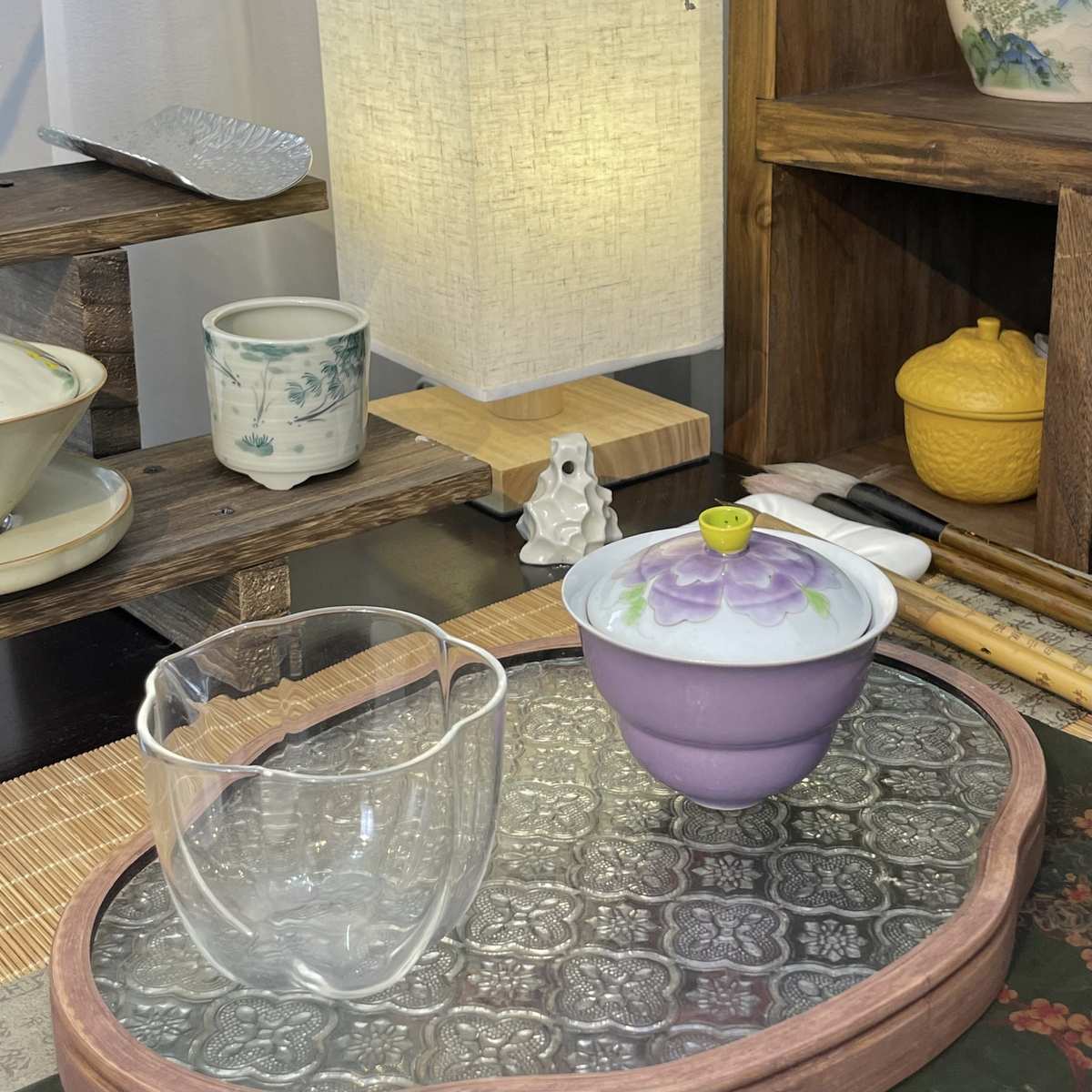 陶瓷花瓣盖碗茶手绘新家用釉托盘配件承紫色中式茶道壶下彩