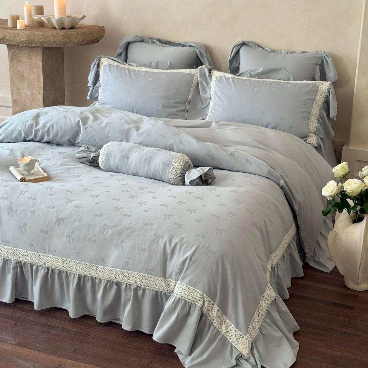 法式公主风全棉磨毛四件套少女心提花荷叶花边被套床单加厚床品