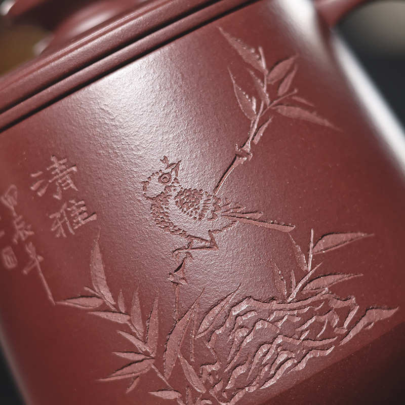 批发原矿紫砂杯宜兴手工刻绘竹子办公室泡茶带过滤芯盖杯礼品套装