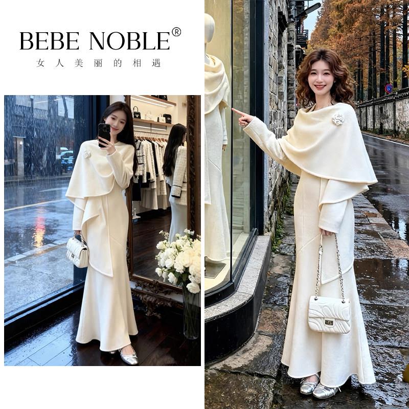 BEBE NOBLE新中式漂亮两件套女秋冬披肩外套高级感气质连衣裙套装