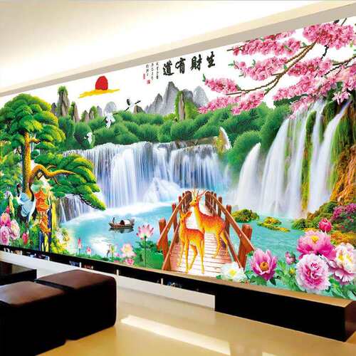 迎客松十字绣2022新款线绣客厅大幅流水生财山水风景画手工自己绣
