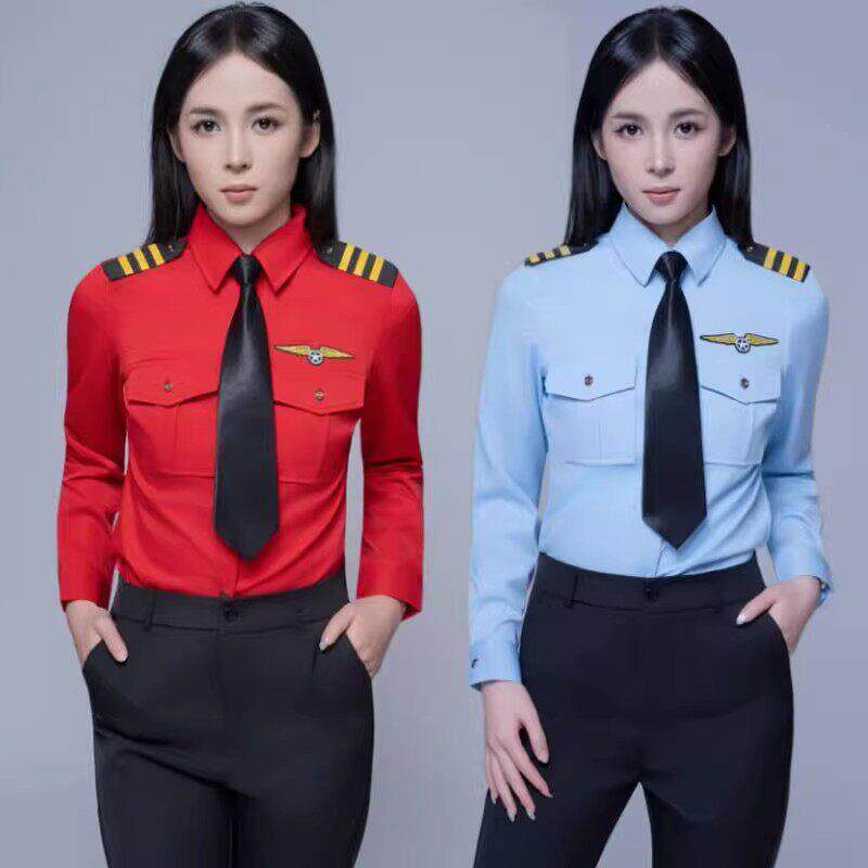 军鼓男女演出服衬衫制服长袖衬衫工作服机长空姐空少乐队红色服装