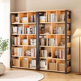 实木书架置物架多层收纳架钢制木格子书柜客厅储物架家用靠墙架子