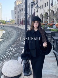 LUXCRAIG法式外套毛呢斗篷大衣毛毛袖口半身裙秋冬女套装黑色