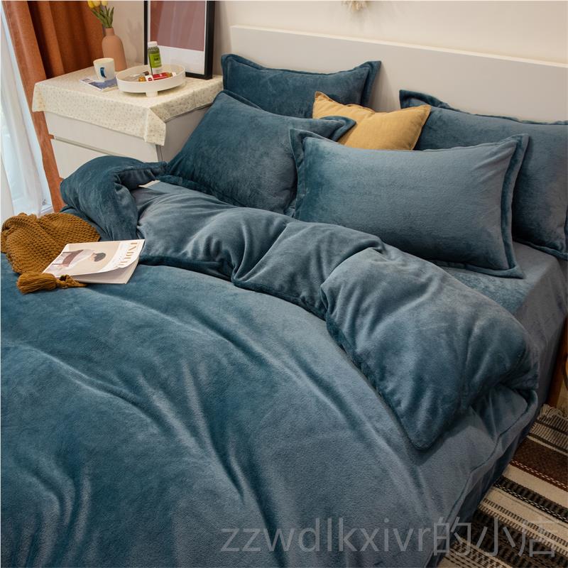 新款冬天加绒四件件套牛奶绒180×220被罩珊瑚双面灰色米2床1单绒