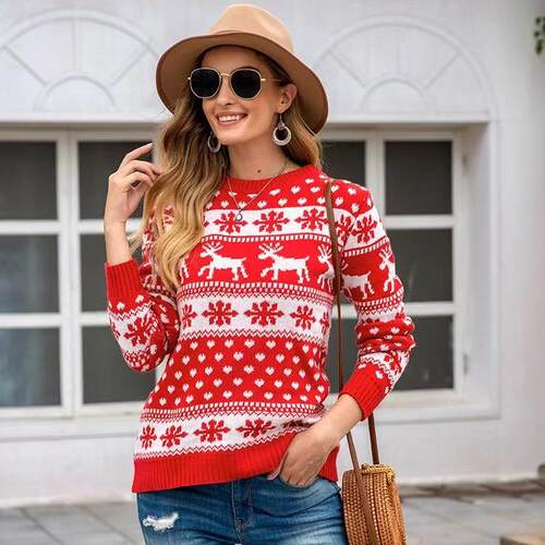 Women's reindeer snowflake print pullover sweater long