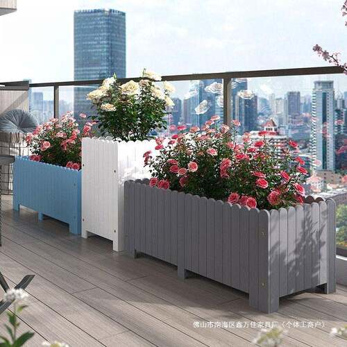 户外阳台防腐木花箱庭院长方形木质花槽花园白色室外花盆组合花盆