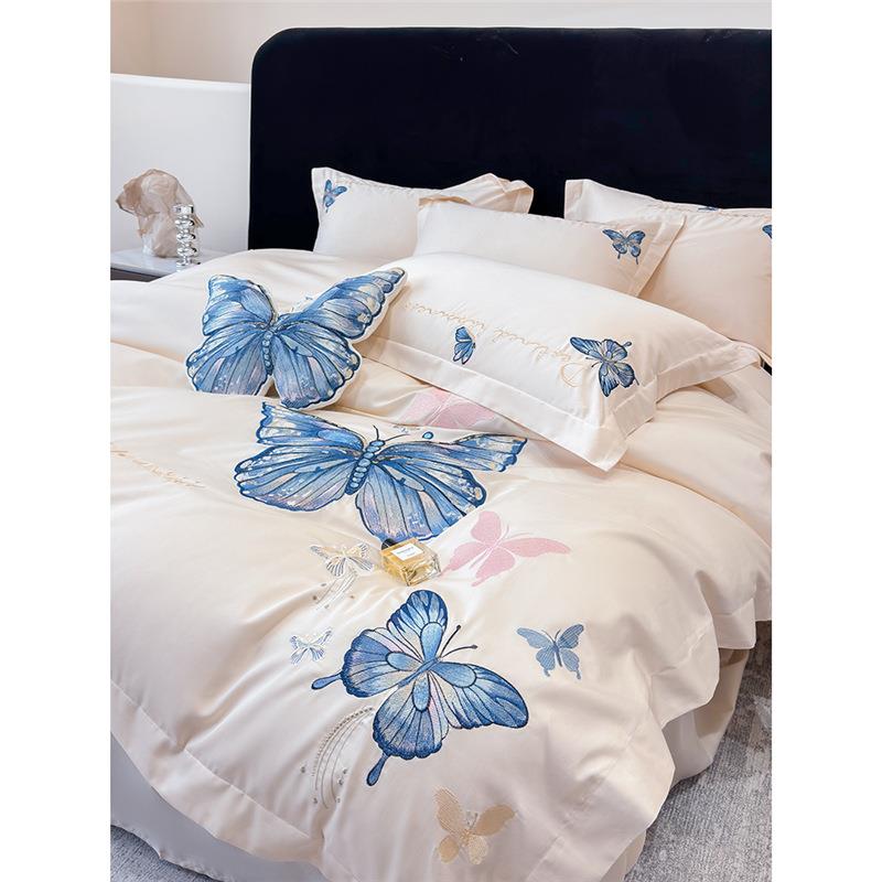 高端200支A类长绒棉四件套全棉纯棉蝴蝶刺绣床单被套四季床上用品