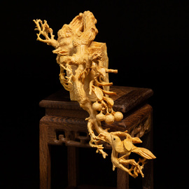黄杨木(黄杨木)创意客厅中式木雕，装饰实木摆件雕刻工艺品结婚礼物喜上眉梢