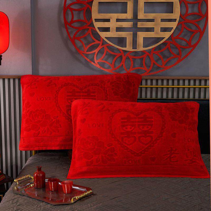 大红色枕巾一对纯棉加大婚加头巾庆提厚花喜字88纱布结婚枕巾春枕