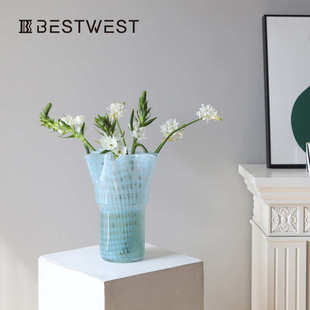 博西家居轻奢高级感蓝色白菜花瓶玻璃摆件客厅插花现代简约设计感